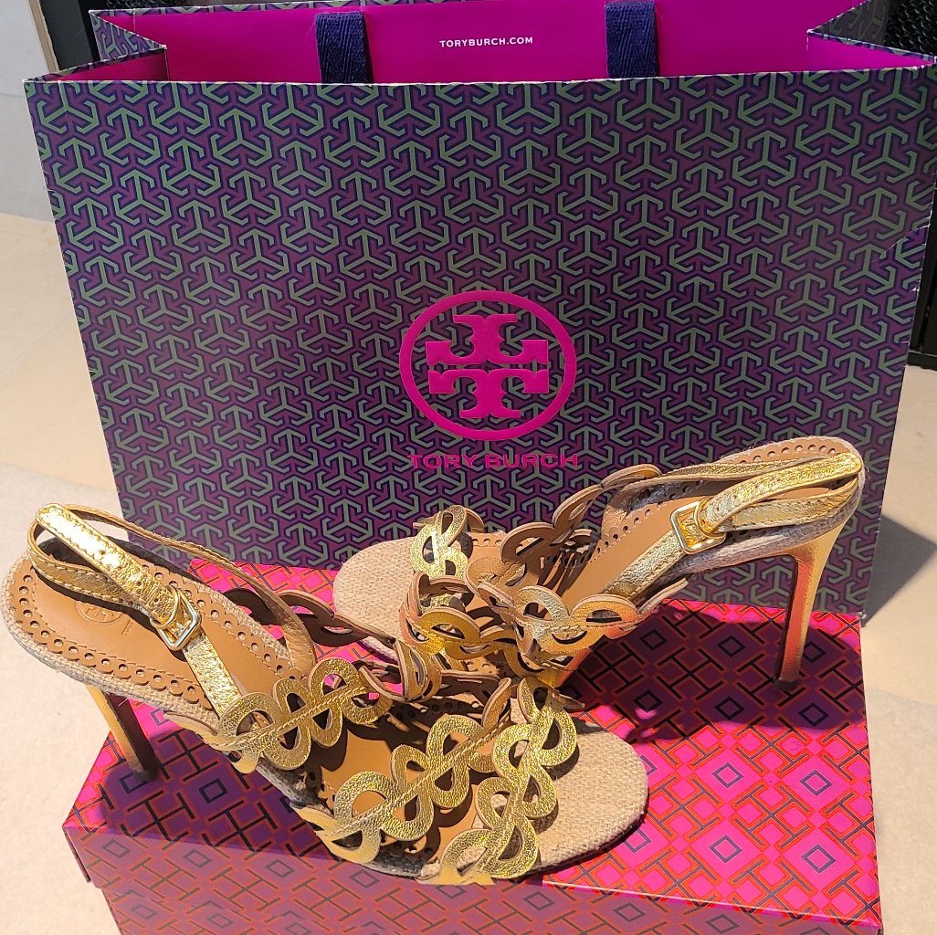 Tory Burch Designer Gold Strappy Stiletto High Heels Size 9